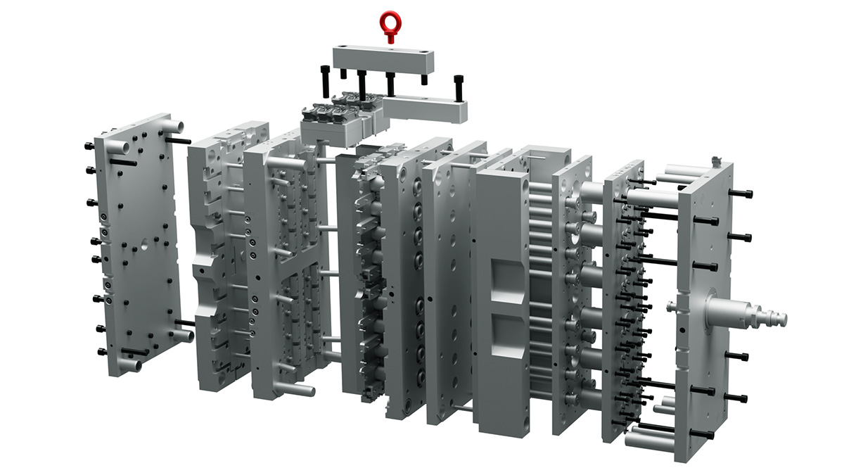 Exploded view of an injection moulding tool